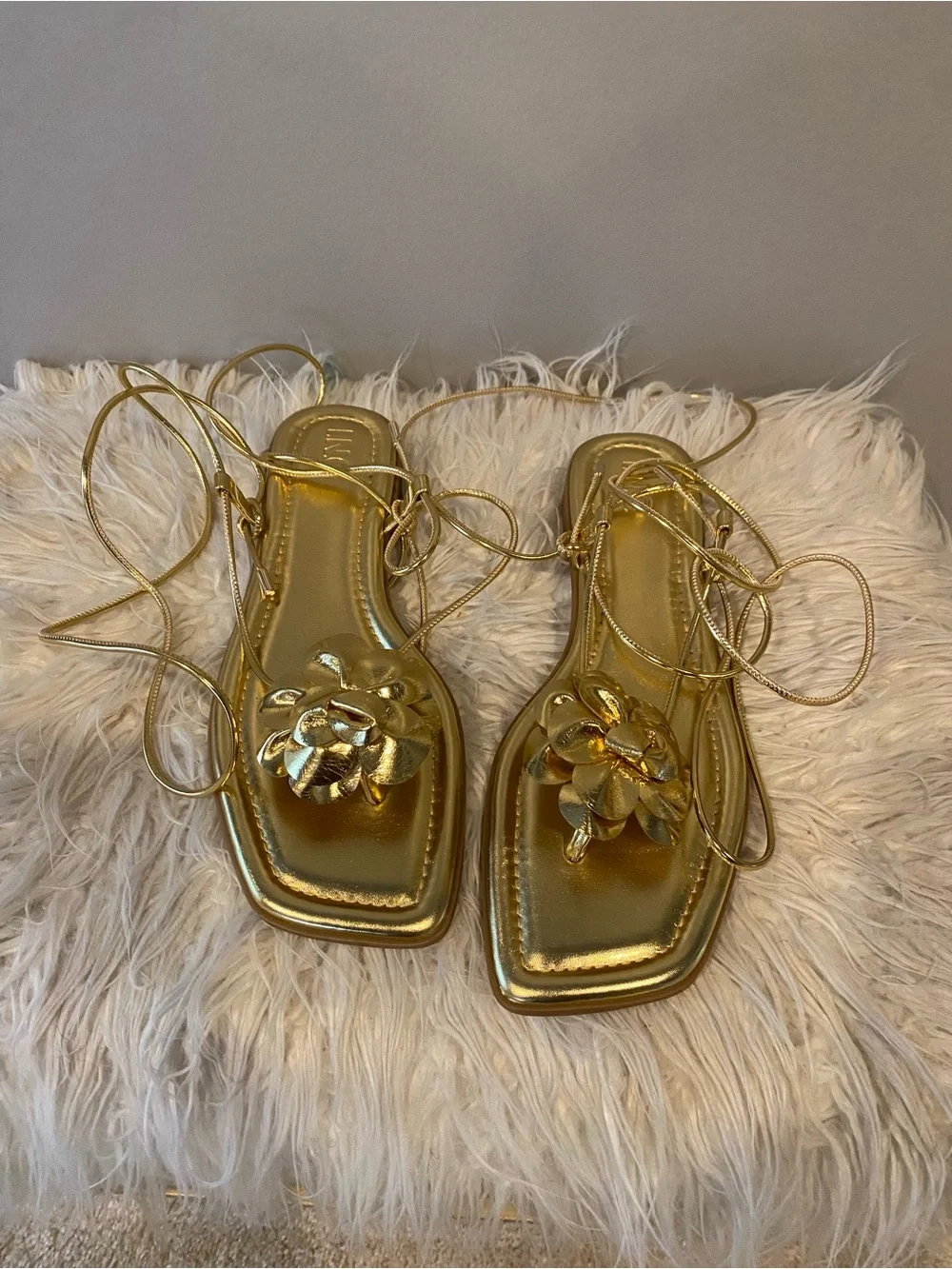 INC International Concepts Metallic Gold Lace-Up Floral Sandals NWOT